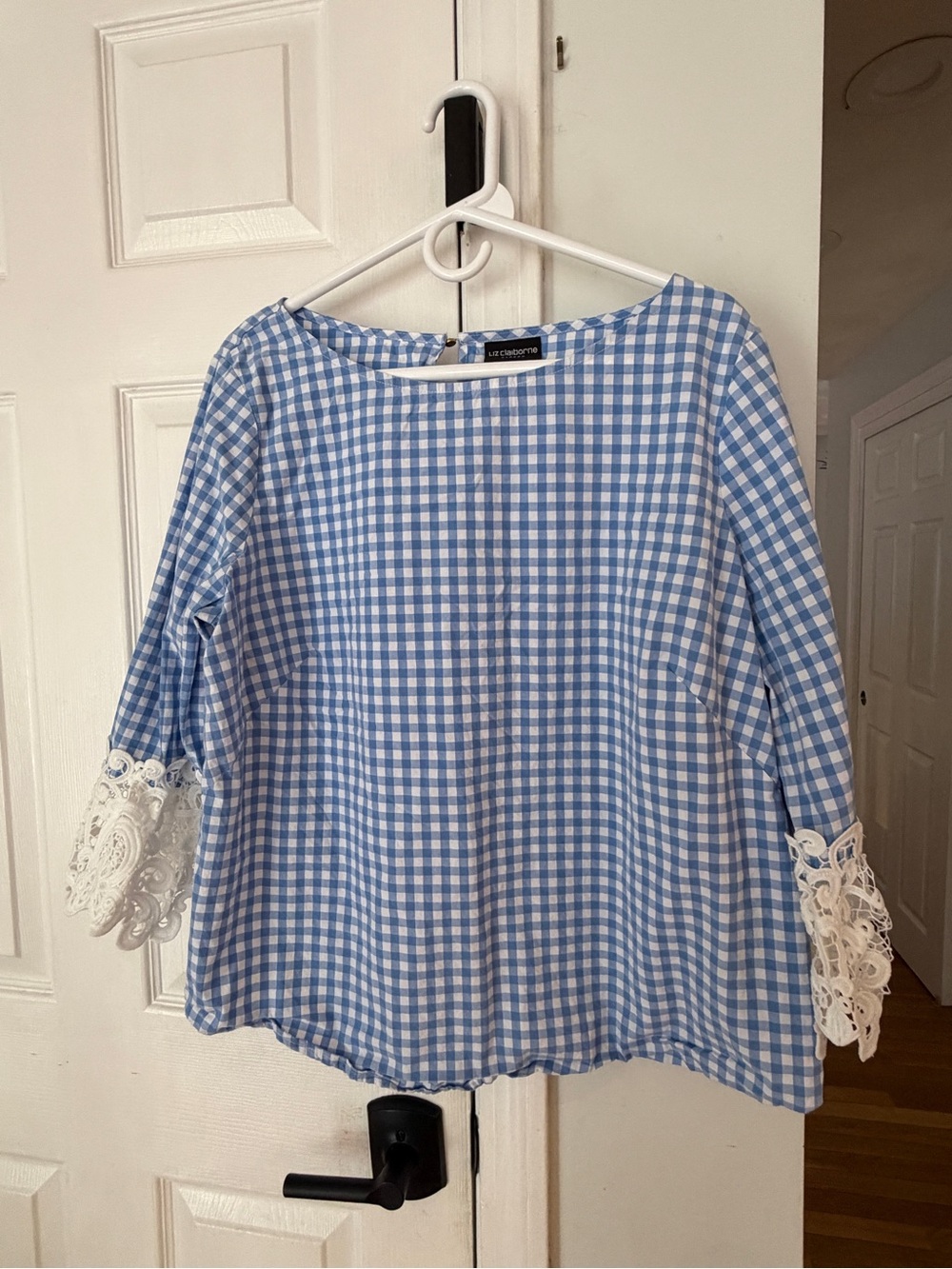 Liz Claiborne Career Gingham Lace Sleeve Blouse Size XL